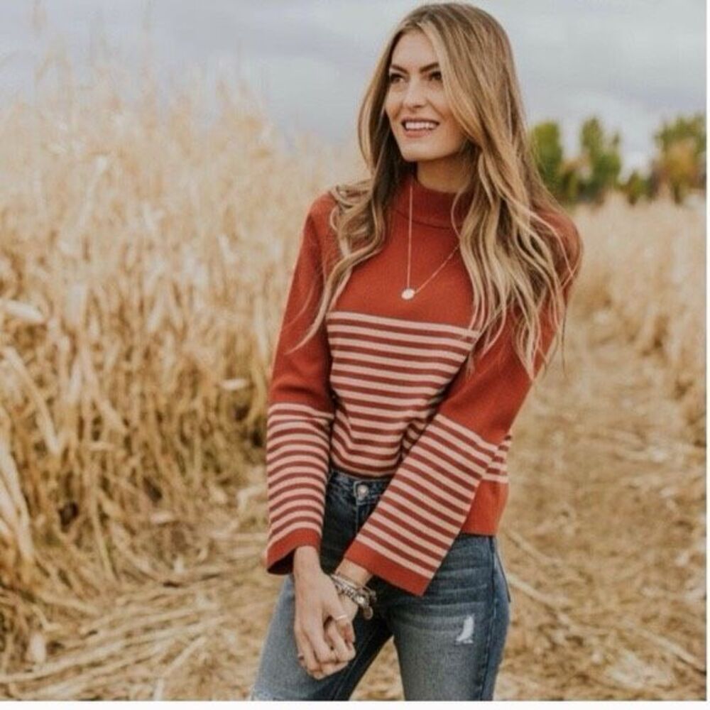 Roolee Denton Teal Orange Red Striped Bell Sleeve Boho Sweater Size Medium